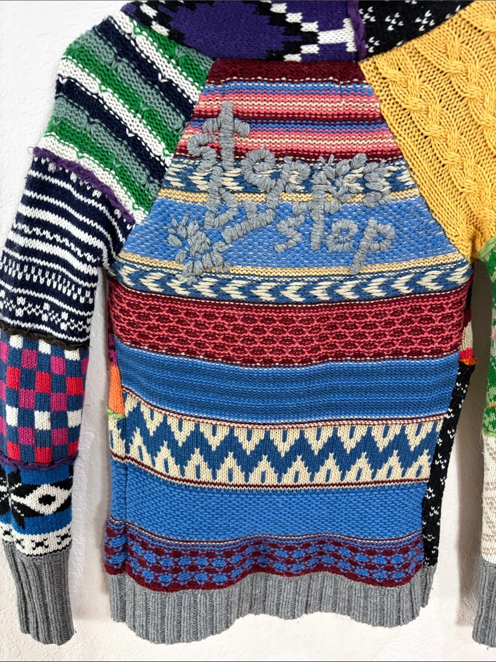 Desigual Multicolor Patchwork Zip-Up Sweater with Gray Trim,Size M. - Picture 9 of 17